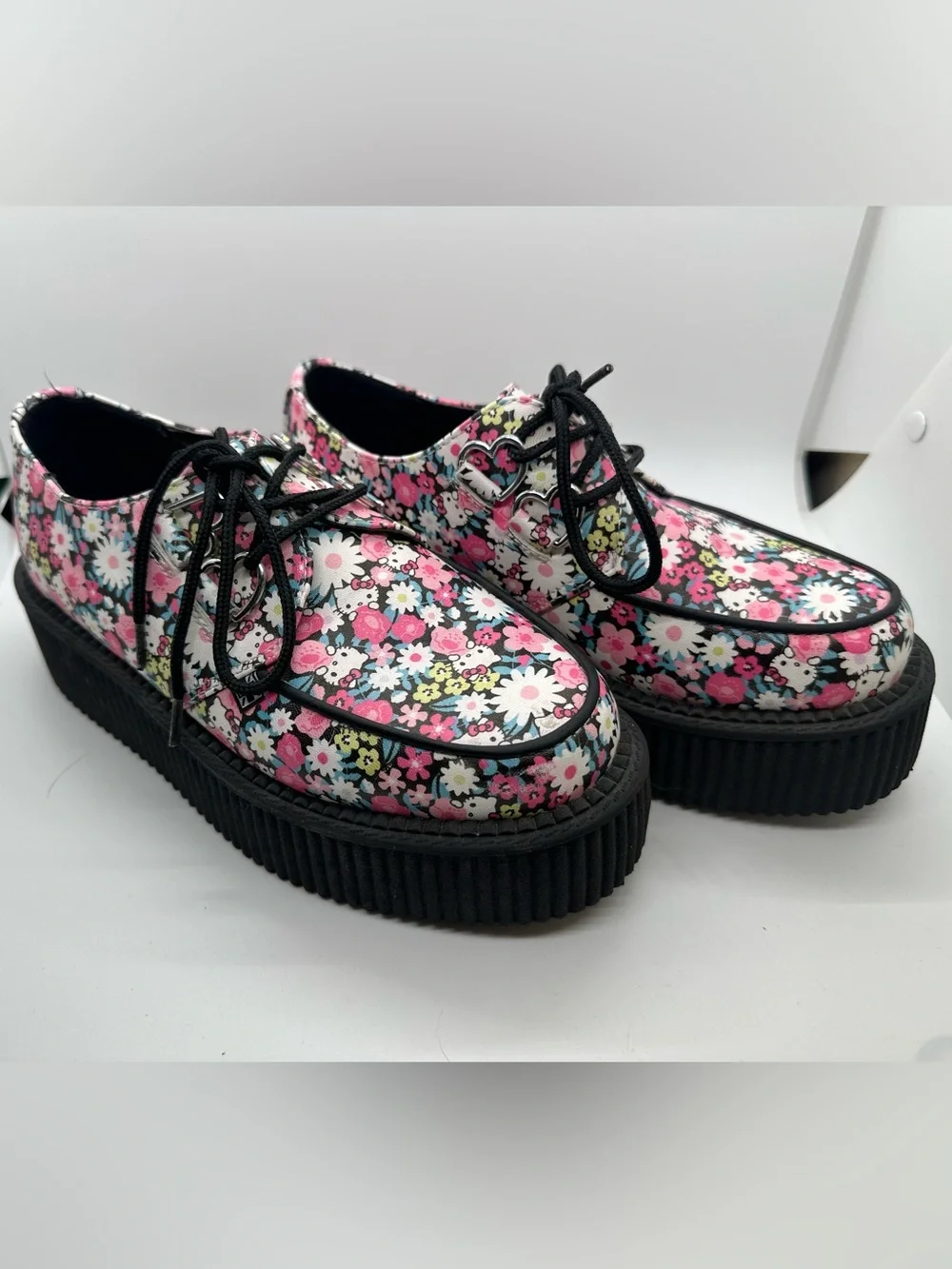 T.U.K Floral Hello Kitty Platform Lace-Up Moccasins - Pink, White, Black